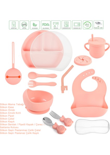 Silikon Beslenme Seti Vakumlu, Kapaklı Silikon Mama Tabağı, Kase, Önlük, Çatal-Kaşık, Bardak, Pipet, E.Kılıfı, Paslanmaz Çelik Çatal, Kaşık ve Saklama Kutusu / Pembe