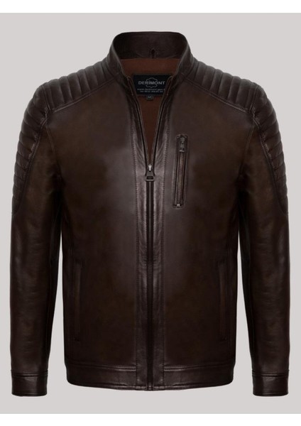 Hakiki Deri Kahverengi Erkek Deri Mont Düz Çizgi Işlemeli Fermuarlı Deri Ceket