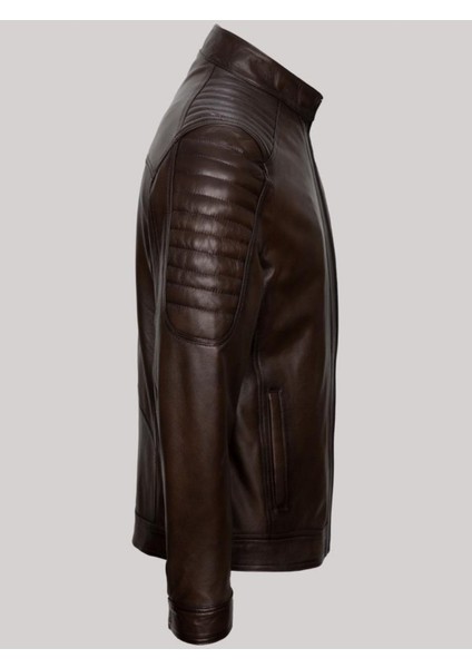 Hakiki Deri Kahverengi Erkek Deri Mont Düz Çizgi Işlemeli Fermuarlı Deri Ceket modelleri