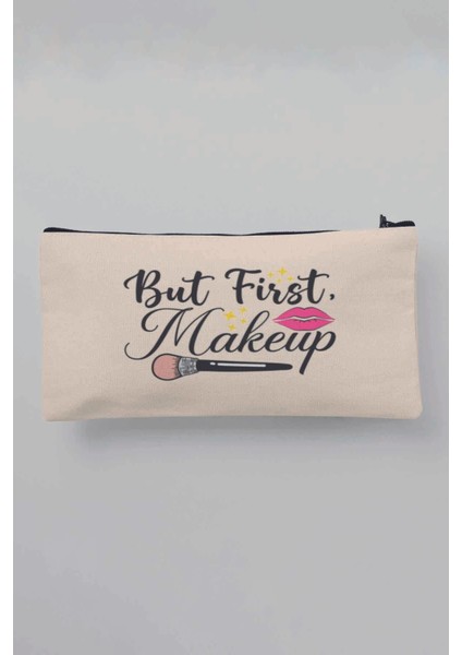 But First Makeup Baskılı Bej Bez Makyaj Çantası Kalemlik Cüzdan