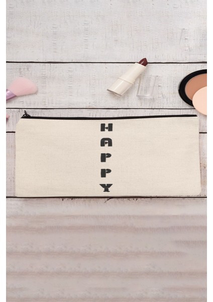Happy Dikey Yazı Baskılı Bez Makyaj Çantası Kalemlik Cüzdan