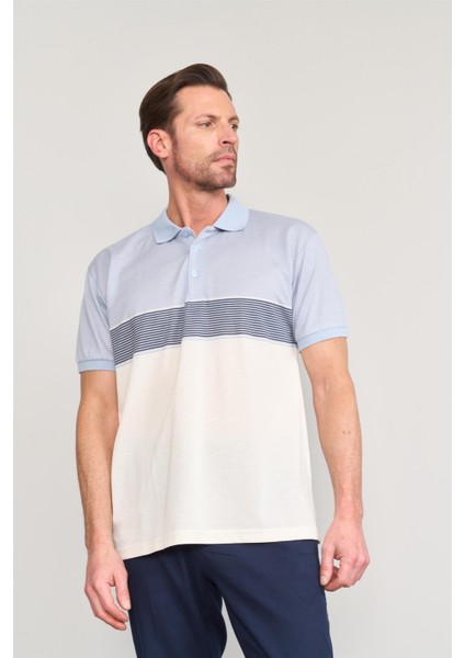 3771 Erkek Polo Yaka Ringel Raporlu Pike T-Shirt Açık Mavi - Krem