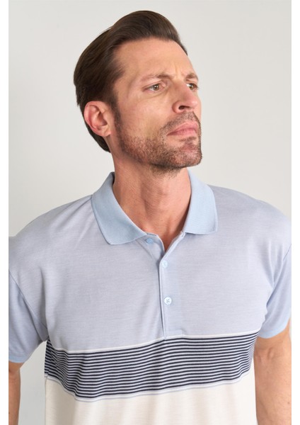 3771 Erkek Polo Yaka Ringel Raporlu Pike T-Shirt Açık Mavi - Krem modelleri