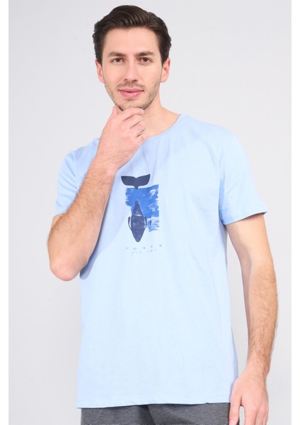 Çetinkaya Chester Polo 3861 Bisiklet Yaka 30/1 Penye Slimfit Baskılı T-Shirt Mavi