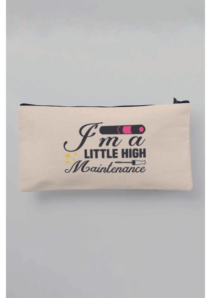 Im A Little High Maintenance Baskılı Bej Bez Makyaj Çantası Kalemlik Cüzdan