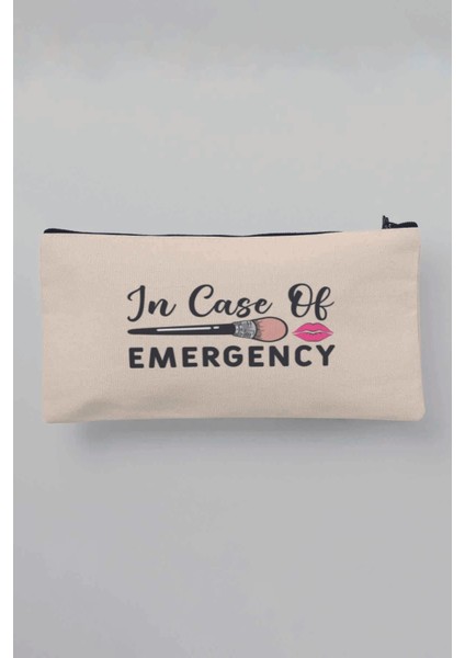 In Case Of Emergency Baskılı Bej Bez Makyaj Çantası Kalemlik Cüzdan