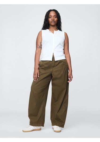 Kadın Koyu Yeşil Mid Rise Barrel Paraşüt Pantolon fırsatları