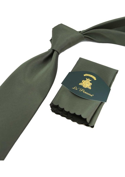 Haki Reps Dokulu Düz Mendilli Klasik Kravat KK13182