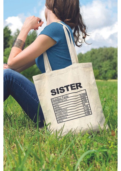 Sister Nutrition Facts Abla Kız Kardeş Hediyelik Baskılı %100 Pamuklu Ham Bez Bej Çanta