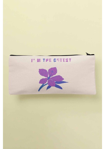 I'm The Cutest Mor Çiçek Baskılı Bez Makyaj Çantası Kalemlik Cüzdan