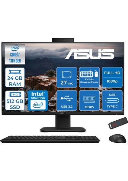 V470VAK Intel Core I7-13620H 24GB Ddr5 512GB SSD 27'' Fhd 100Hz 300NITS Freedos Siyah Allınone Bilgisayar ASI716512B0DFF07+ZETTAUSBBELLEK