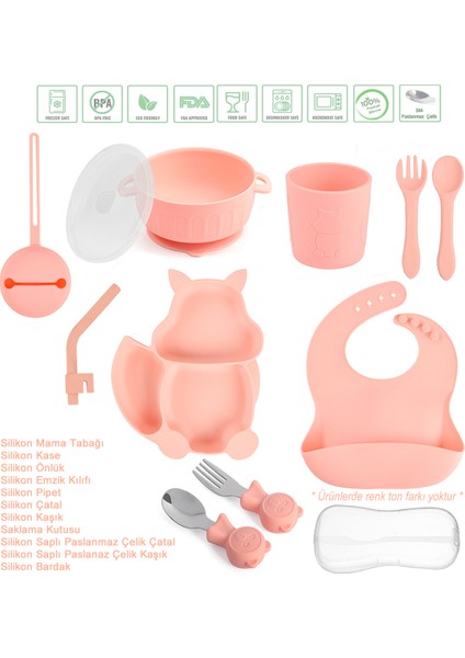 Silikon Beslenme Seti / Sincap Figürlü Vakumlu Silikon Mama Tabağı, Kapaklı Kase, Önlük, Pipet, Emzik Kılıfı, Bardak, Çatal, Kaşık, Paslanmaz Çelik Çatal, Kaşık ve Saklama Kutusu Pembe