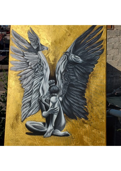 El Yapımı Altın Fonlu Kanatlı Kadın Tuvaller - Özel Sanat Dekorasyonu modelleri