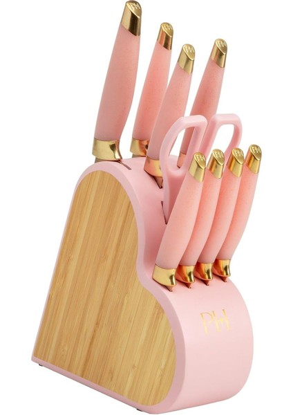 10 Parçalı Bıçak Seti, Paslanmaz Çelik, Bambu Bloklu, Pembe Renkli