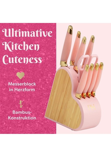 10 Parçalı Bıçak Seti, Paslanmaz Çelik, Bambu Bloklu, Pembe Renkli