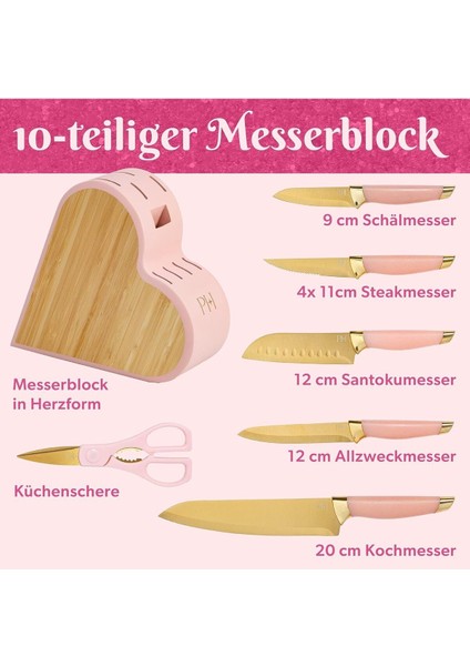 10 Parçalı Bıçak Seti, Paslanmaz Çelik, Bambu Bloklu, Pembe Renkli