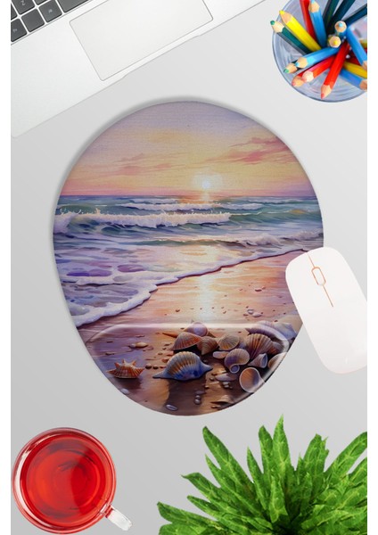 Gün Batımı Sahil Baskılı No:2 Oyuncu Gaming Oval Bilek Destekli Mousepad