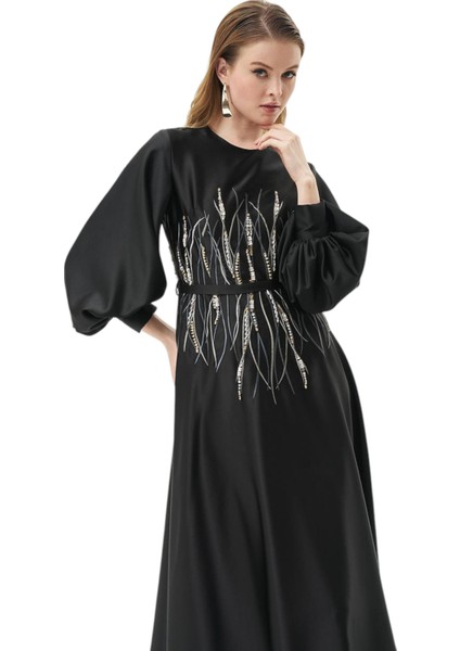 Taş Işlemeli Saten Abiye Siyah indirimleri