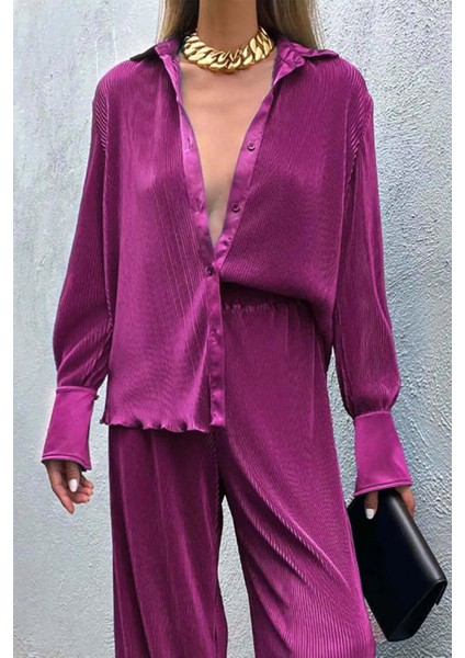 Rahat Kesim Maiya Bluz - Uzun Kollu, Düğmeli ve Plise Detaylı