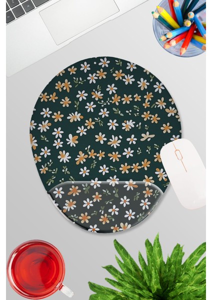 Çiçek Desenleri No:1 Baskılı Oyuncu Gaming Oval Bilek Destekli Mousepad