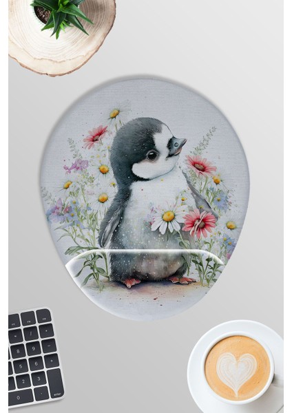 Sevimli Penguen Baskılı No:2 Oyuncu Gaming Oval Bilek Destekli Mousepad