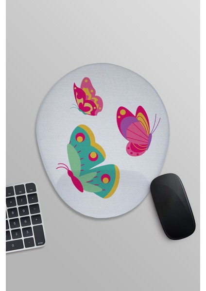 Renkli Kelebekler Baskılı Oval Bilek Destekli Mousepad