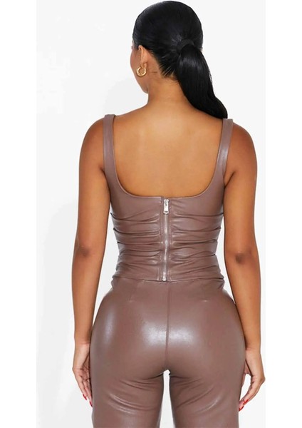 Sırt Fermuarlı Şık Süet Bluz - Rahat ve Modern Faux Leather Üst modelleri