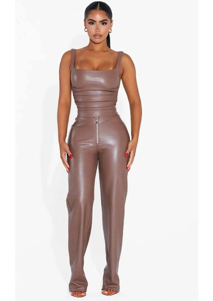 Sırt Fermuarlı Şık Süet Bluz - Rahat ve Modern Faux Leather Üst fırsatları