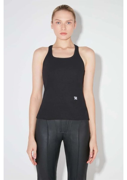 Şık Siyah Ribana Pamuk M Tank Top - Sol Yanda M Nakışlı