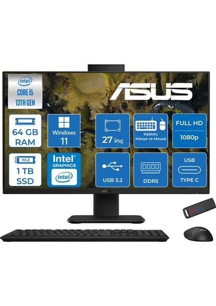 V470VAK Intel Core İ5-13420H 64GB Ddr5 1tb SSD 27'' Fhd 100Hz 300NITS Windows 11 Home Siyah Allınone Bilgisayar ASI58512B0DH28+ZETTAUSBBELLEK