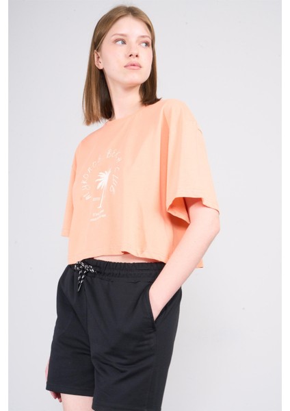 Çetinkaya Fithit 8385 Bayan Bisiklet Yaka 30/1 Penye Baskılı Oversize T-Shirt Kayısı