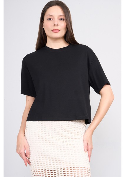 Ikoll 1004503 Siyah Kadın Basic Crop T-Shirt
