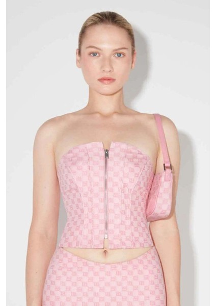 Pembe Jacquard Monogramlı Kanvas Korse Üst