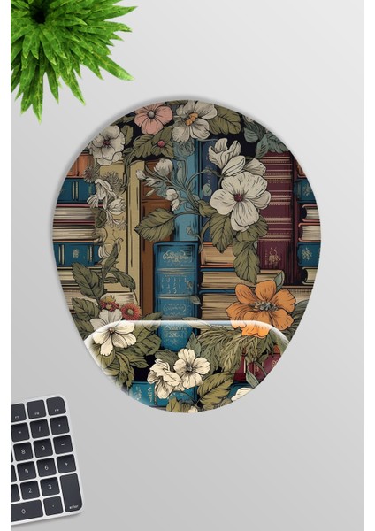 Çiçek ve Kitaplar No:2 Oyuncu Gaming Oval Bilek Destekli Mousepad