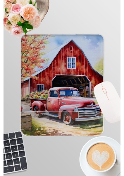 Vintage Araba Çiftlik Baskılı Oyuncu Gaming Dikdörtgen Bilek Destekli Mousepad
