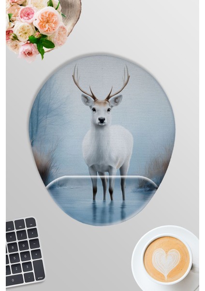Beyaz Geyik Geyik Kış Oyuncu Gaming Oval Bilek Destekli Mousepad
