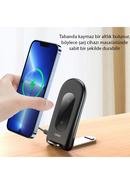 Duzzona W2 Katlanır Standlı 15W Hızlı Şarj Wireless Kablosuz Şarj CIHAZI-(190 - KA3694-9466 modelleri