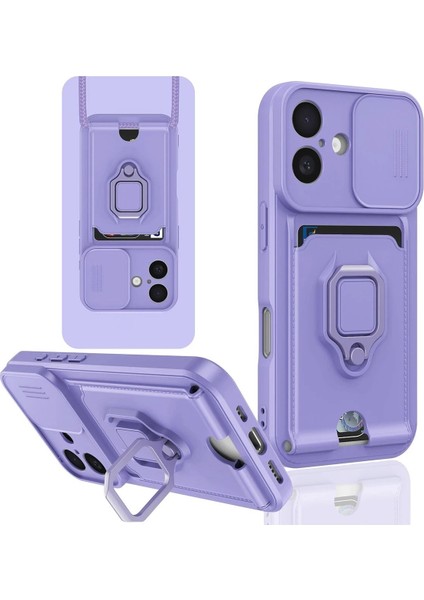 iPhone 16 Kılıf Zuma Kartvizitli Yüzüklü Silikon - Lila - KA7542-7579