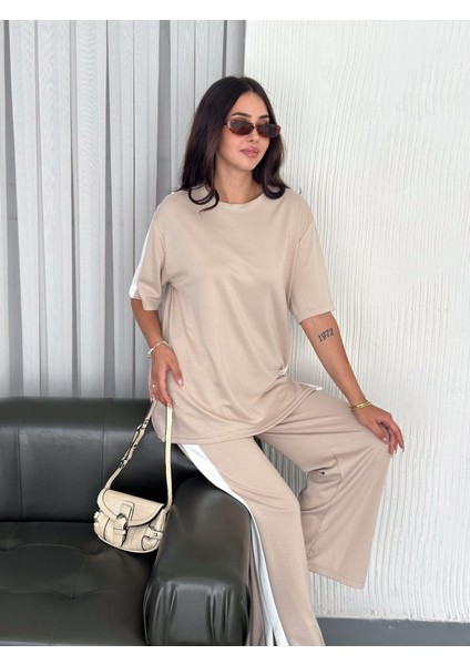 Modal Şeritli Yırtmaç Detaylı Pantolon Tişort Takım modelleri
