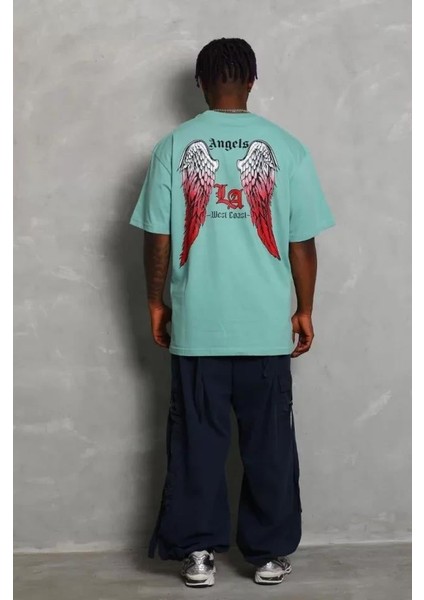 Unisex Oversize Baskılı Bisiklet Yaka T-Shirt - Mint Yeşili fiyatları