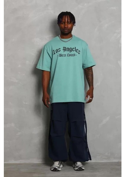 Unisex Oversize Baskılı Bisiklet Yaka T-Shirt - Mint Yeşili fırsatları
