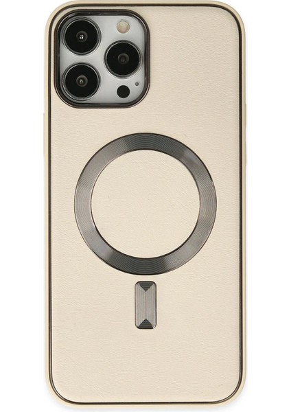 iPhone 13 Pro Kılıf Coco Deri Magneticsafe Silikon - Krem - KA9664-6279