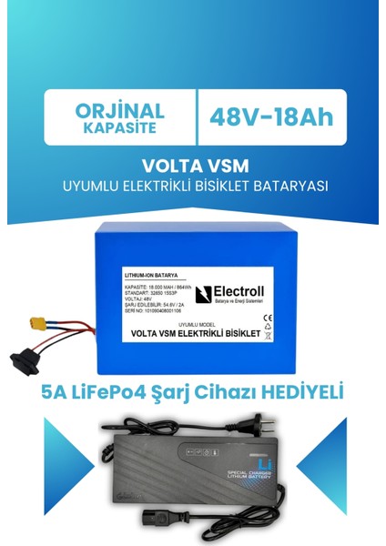 Volta VSM 48V 18 Ah LifePO4 (Elektrikli Bisiklet için Akü) + 5A LiFePo4 Şarj Cihazı Hediyeli
