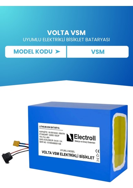 Volta VSM 48V 18 Ah LifePO4 (Elektrikli Bisiklet için Akü) + 5A LiFePo4 Şarj Cihazı Hediyeli