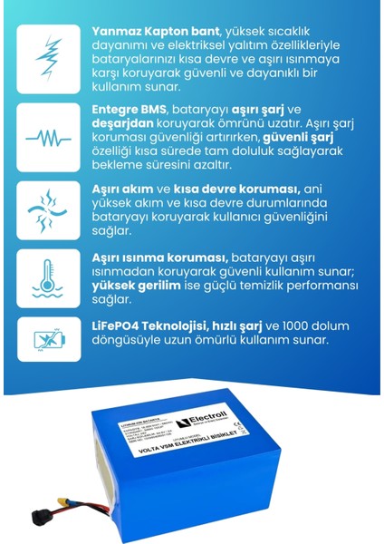 Volta VSM 48V 18 Ah LifePO4 (Elektrikli Bisiklet için Akü) + 5A LiFePo4 Şarj Cihazı Hediyeli