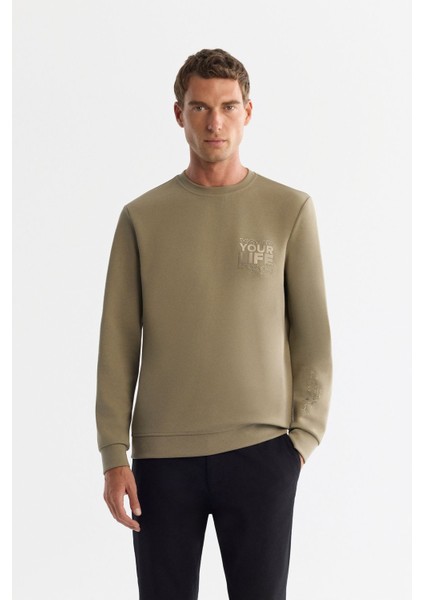 Erkek Vizon Bisiklet Yaka Pamuklu Baskılı Elastan Sweatshirt A42Y1206