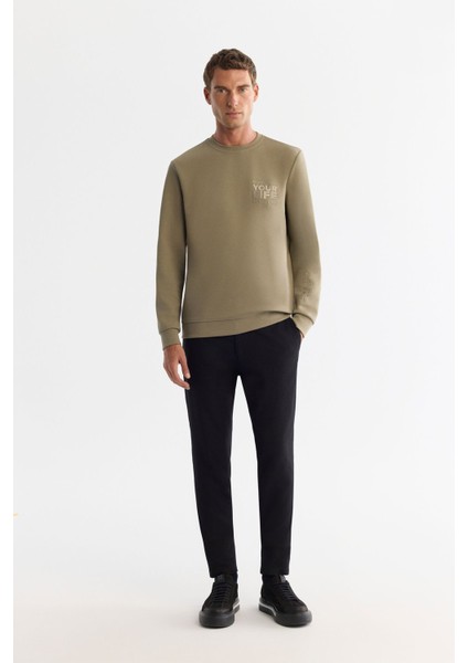 Erkek Vizon Bisiklet Yaka Pamuklu Baskılı Elastan Sweatshirt A42Y1206