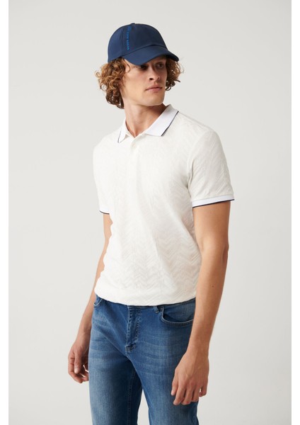 Erkek Beyaz %100 Pamuk 3 Düğmeli Jakarlı Polo Yaka T-Shirt A41Y1147