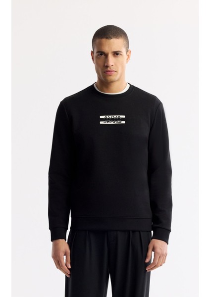 Erkek Siyah Bisiklet Yaka Baskılı Bi Stretch Interlok Sweatshirt A51y1204