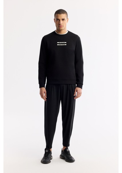 Erkek Siyah Bisiklet Yaka Baskılı Bi Stretch Interlok Sweatshirt A51y1204